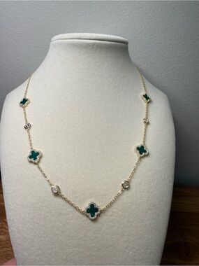18k Gold Plated, 17 inch, Green Clover Station Necklace